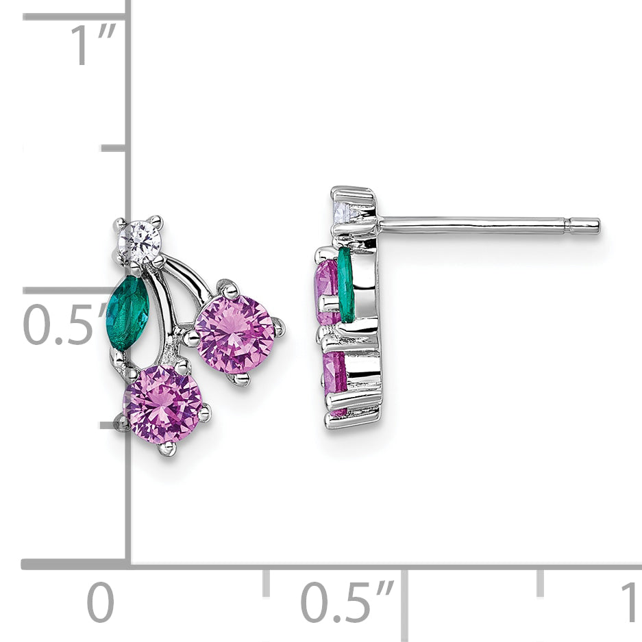 Sterling Silver Rhodium-plated CZ and Lab Created Corundum and Green Glass Cherry Post Earrings