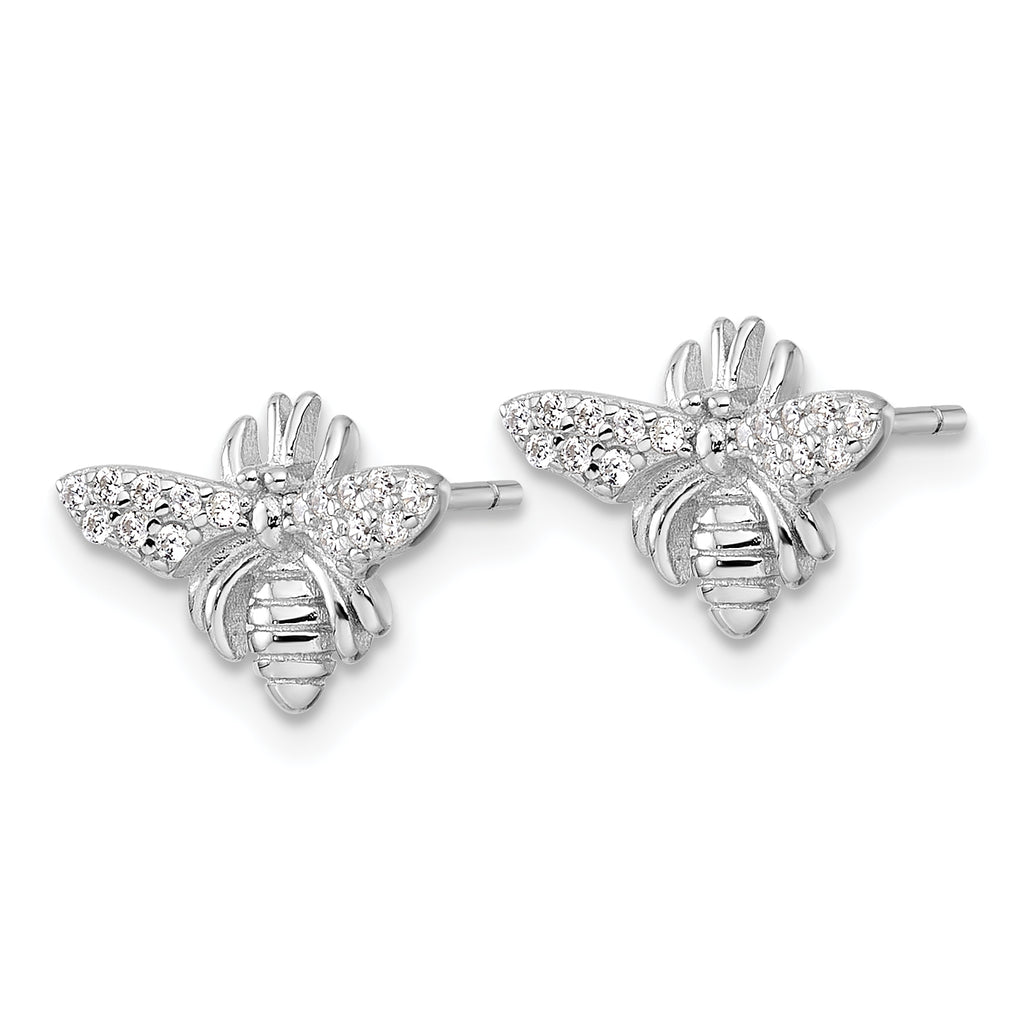 Sterling Silver Rhodium-plated Polished CZ Bee Post Earrings