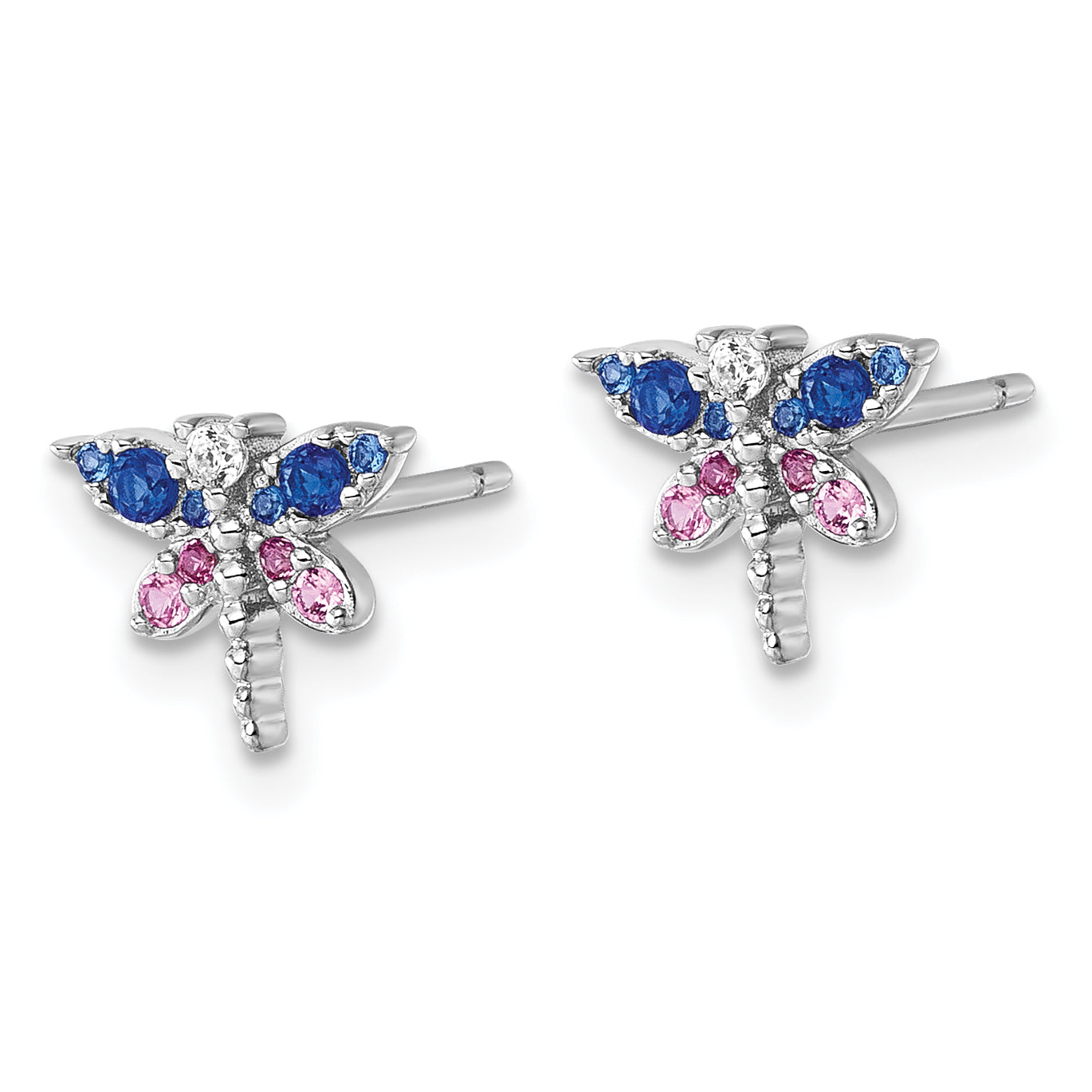 Sterling Silver Rhodium-plated CZ and Lab Created Corundum and Blue Glass Dragonfly Post Earrings Secondary image