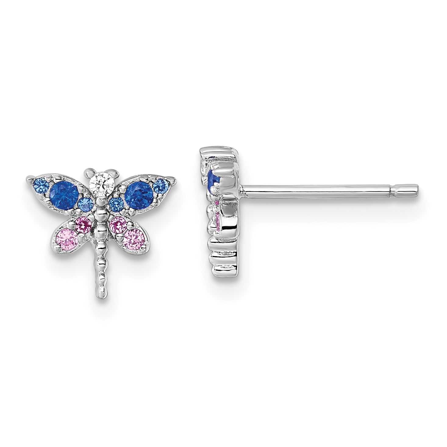 Sterling Silver Rhodium-plated CZ and Lab Created Corundum and Blue Glass Dragonfly Post Earrings Main image