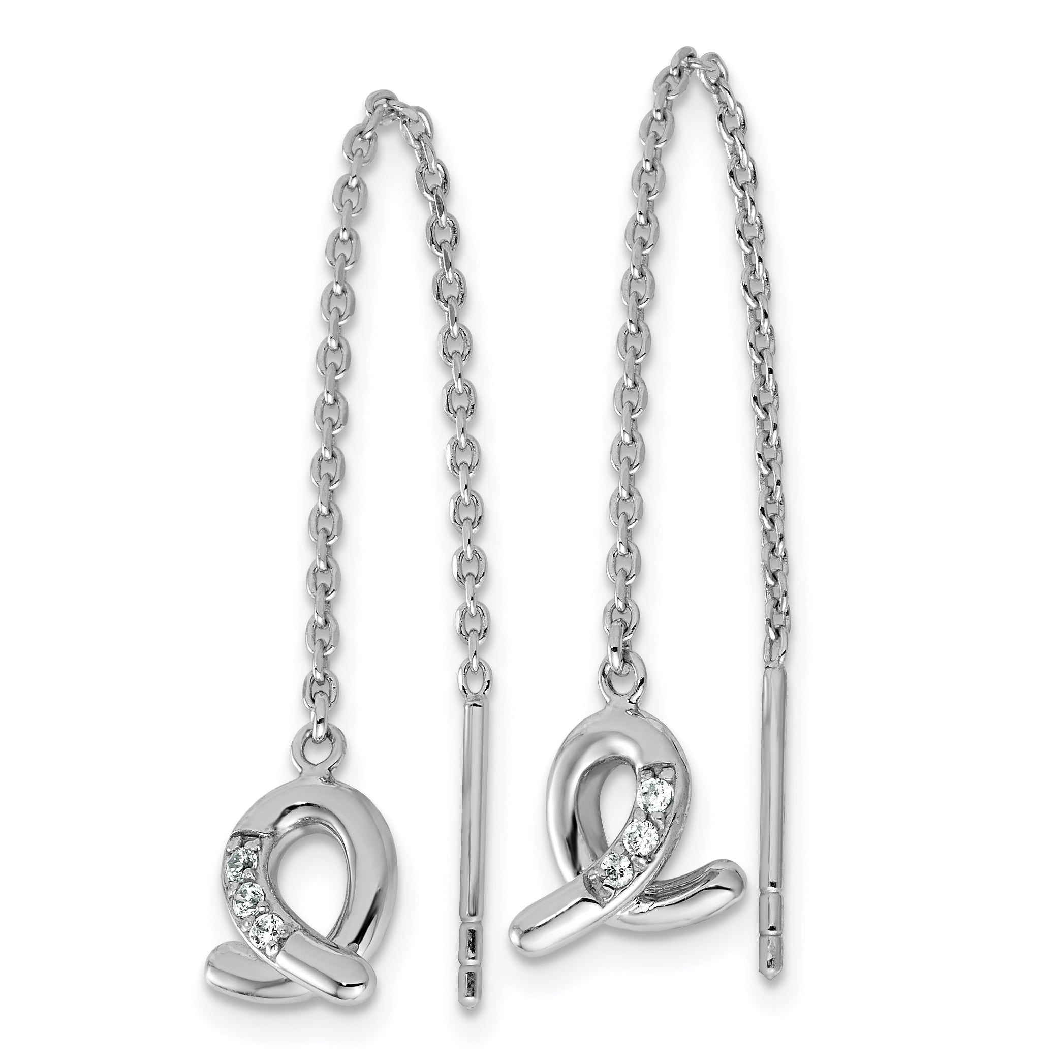 Sterling Silver Rhodium-plated CZ Awareness Ribbon Dangle Threader Earrings