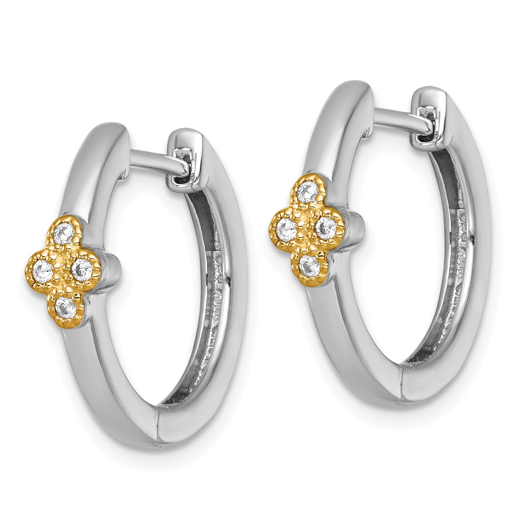 Sterling Silver Rhodium-plated with 14k Accent Polished CZ Hinged Hoop Earrings Secondary image