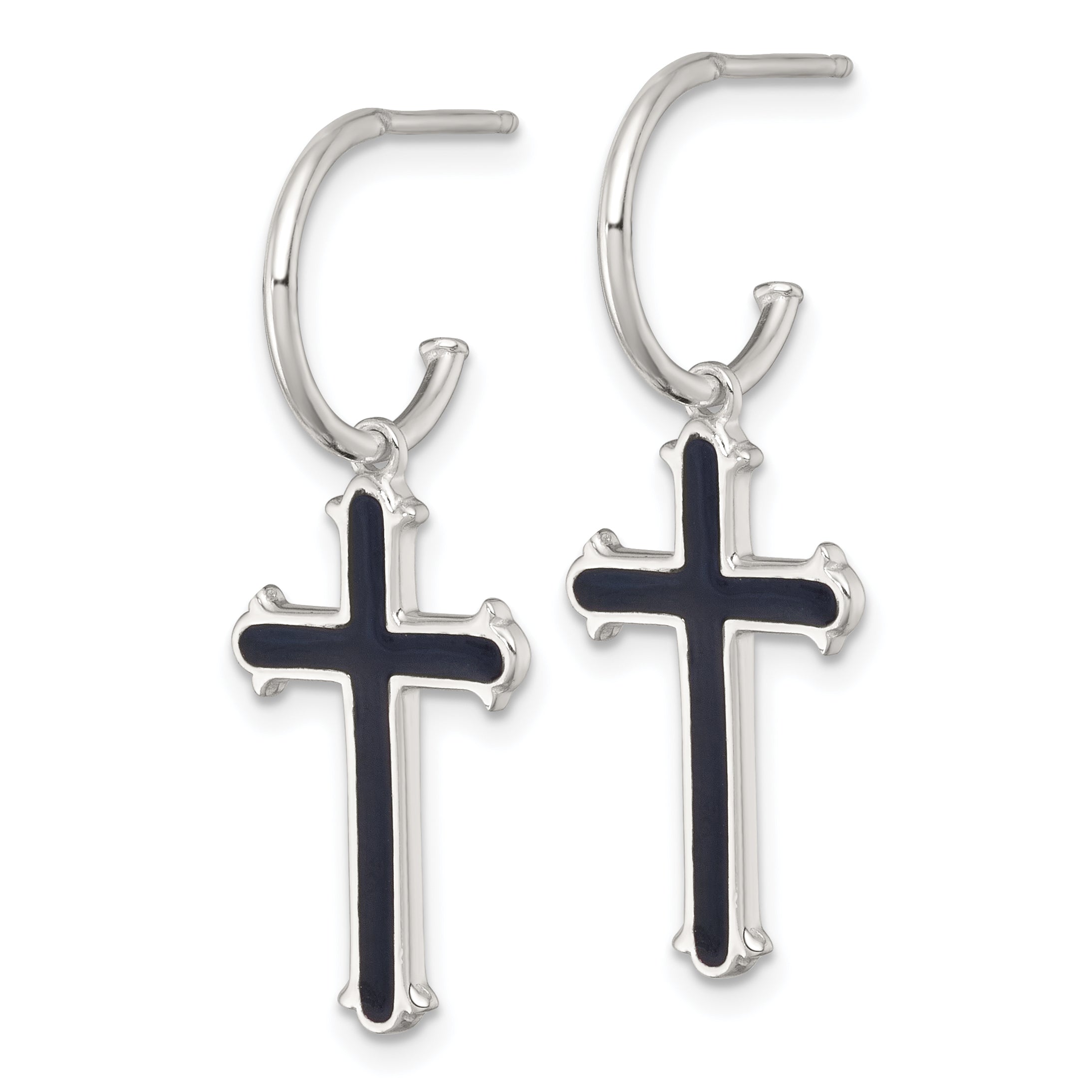 Sterling Silver Polished Black Enamel Cross Dangle C-Hoop Post Earrings