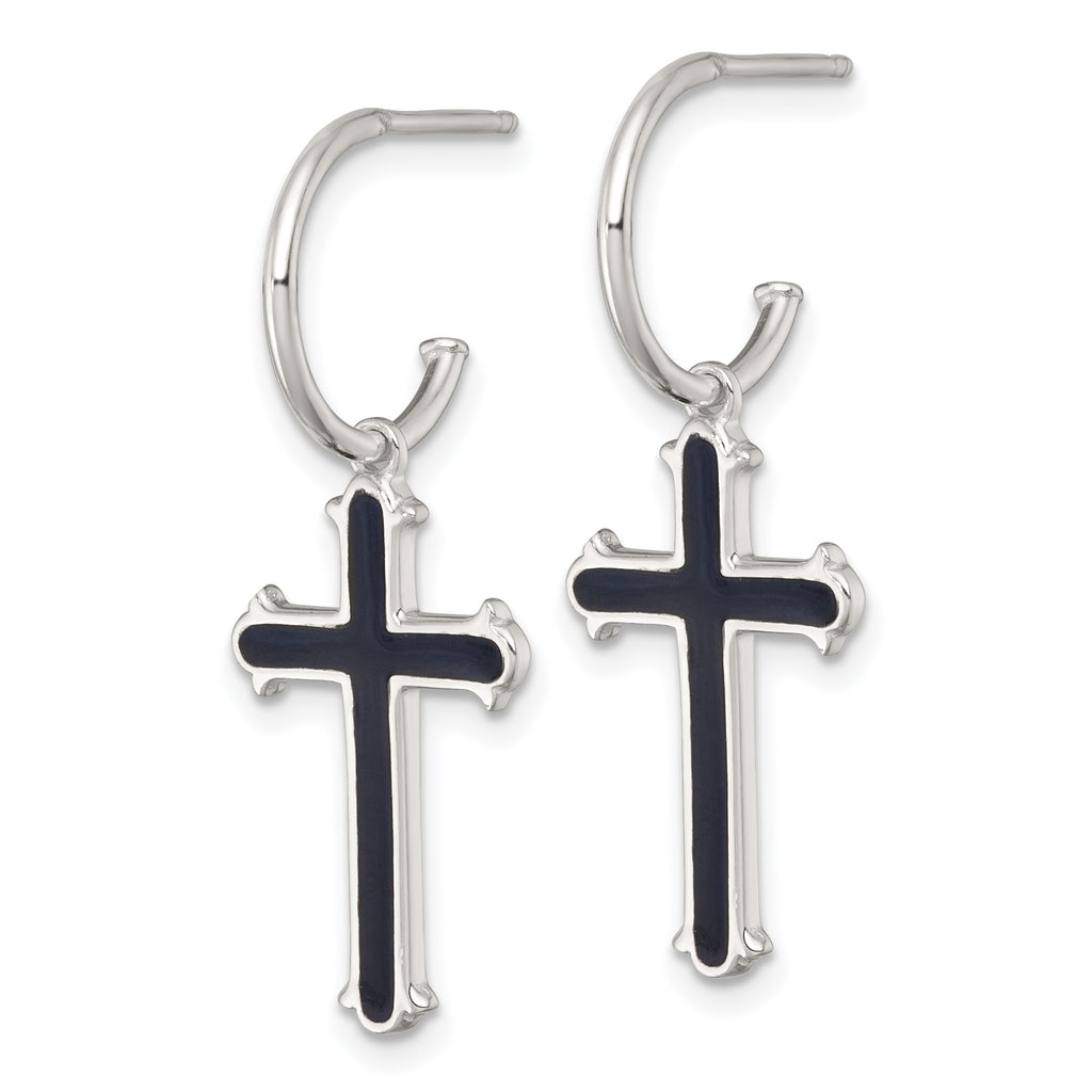 Sterling Silver Polished Black Enamel Cross Dangle C-Hoop Post Earrings