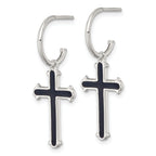 Sterling Silver Polished Black Enamel Cross Dangle C-Hoop Post Earrings