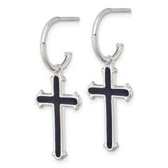Sterling Silver Polished Black Enamel Cross Dangle C-Hoop Post Earrings