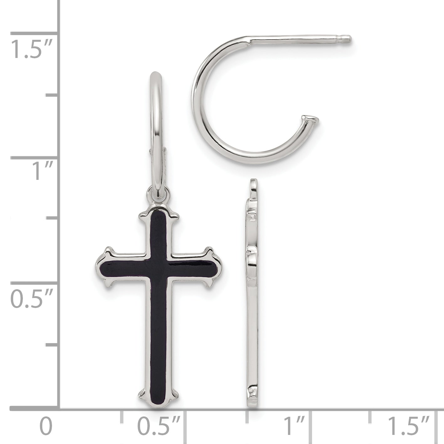 Sterling Silver Polished Black Enamel Cross Dangle C-Hoop Post Earrings