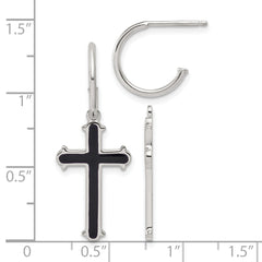 Sterling Silver Polished Black Enamel Cross Dangle C-Hoop Post Earrings