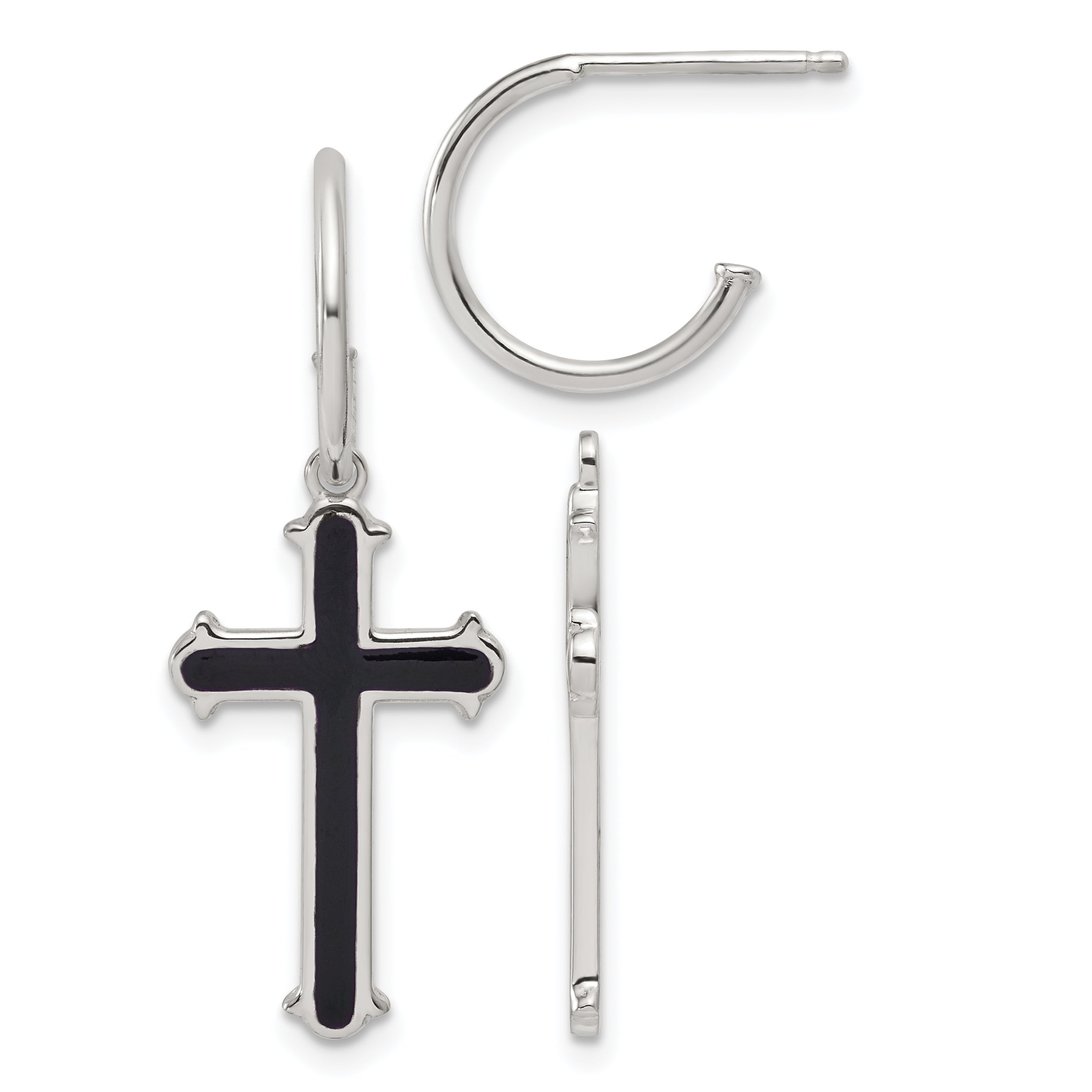 Sterling Silver Polished Black Enamel Cross Dangle C-Hoop Post Earrings Main image