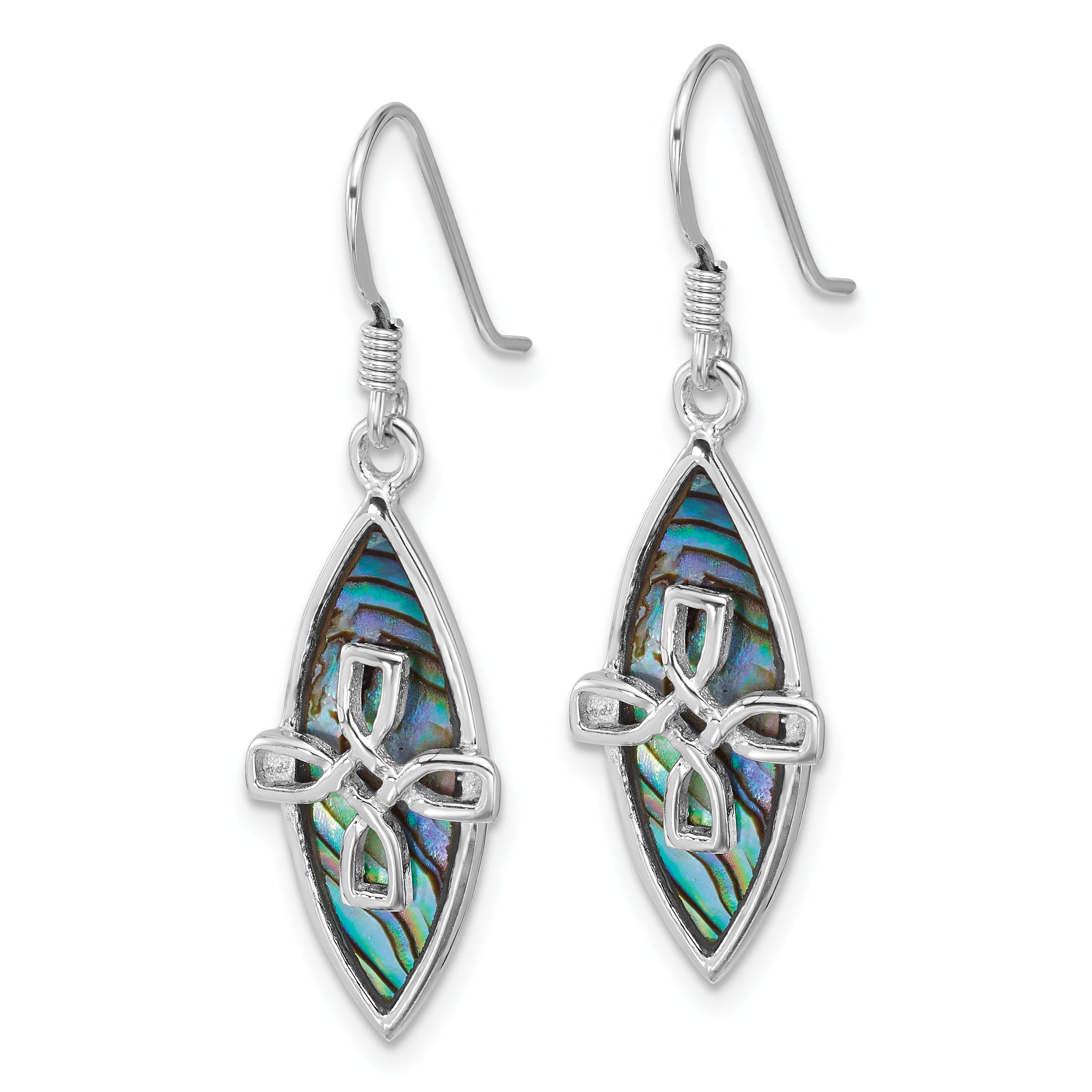 Sterling Silver Rhodium-plated Polished Abalone Cross Dangle Shepherd Hook Earrings