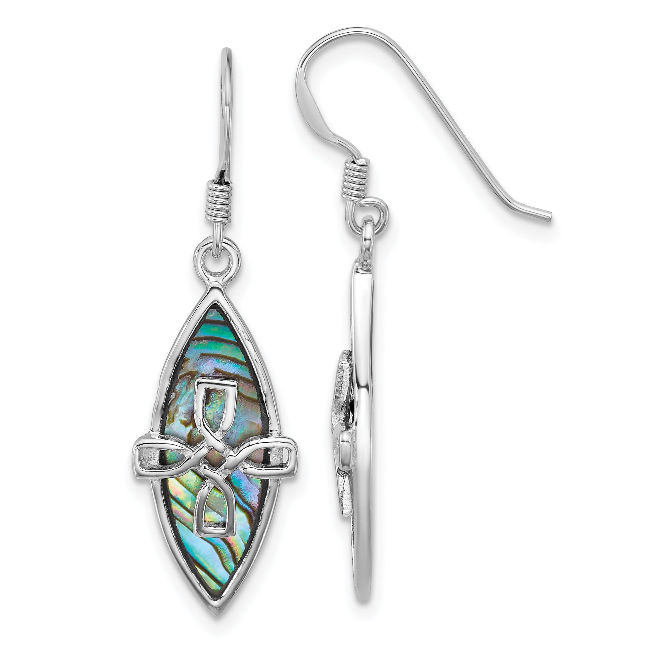 Sterling Silver Rhodium-plated Polished Abalone Cross Dangle Shepherd Hook Earrings