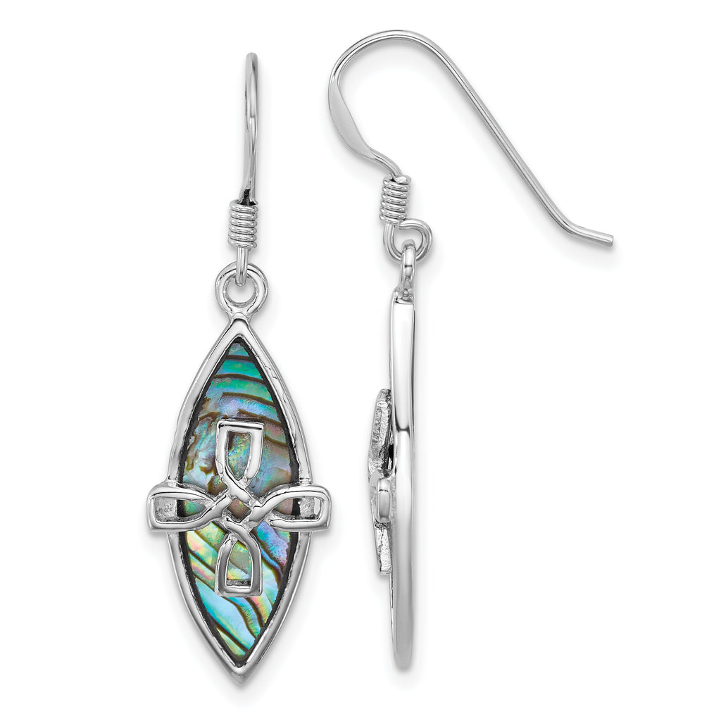 Sterling Silver Rhodium-plated Polished Abalone Cross Dangle Shepherd Hook Earrings