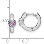 Sterling Silver Rhodium-plated Polished Pink CZ Heart 2mm x 11mm Hinged Hoop Earrings