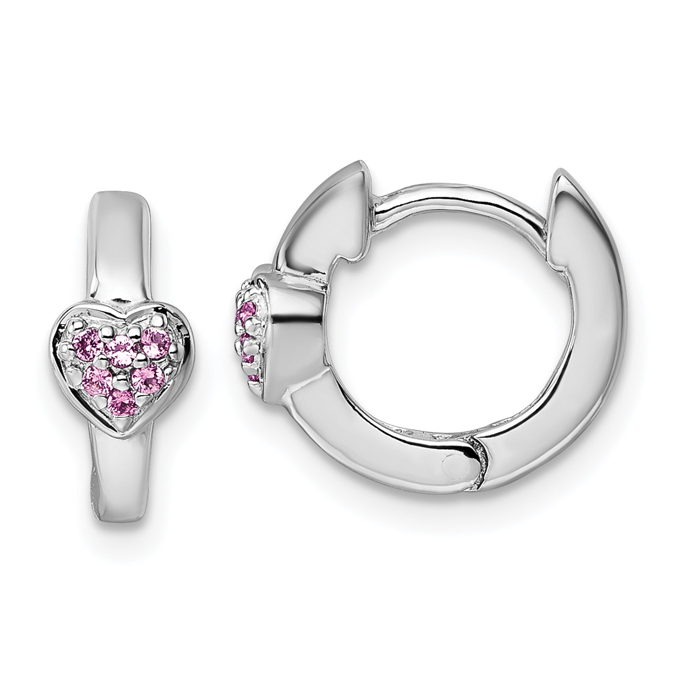 Sterling Silver Rhodium-plated Polished Pink CZ Heart 2mm x 11mm Hinged Hoop Earrings Main image