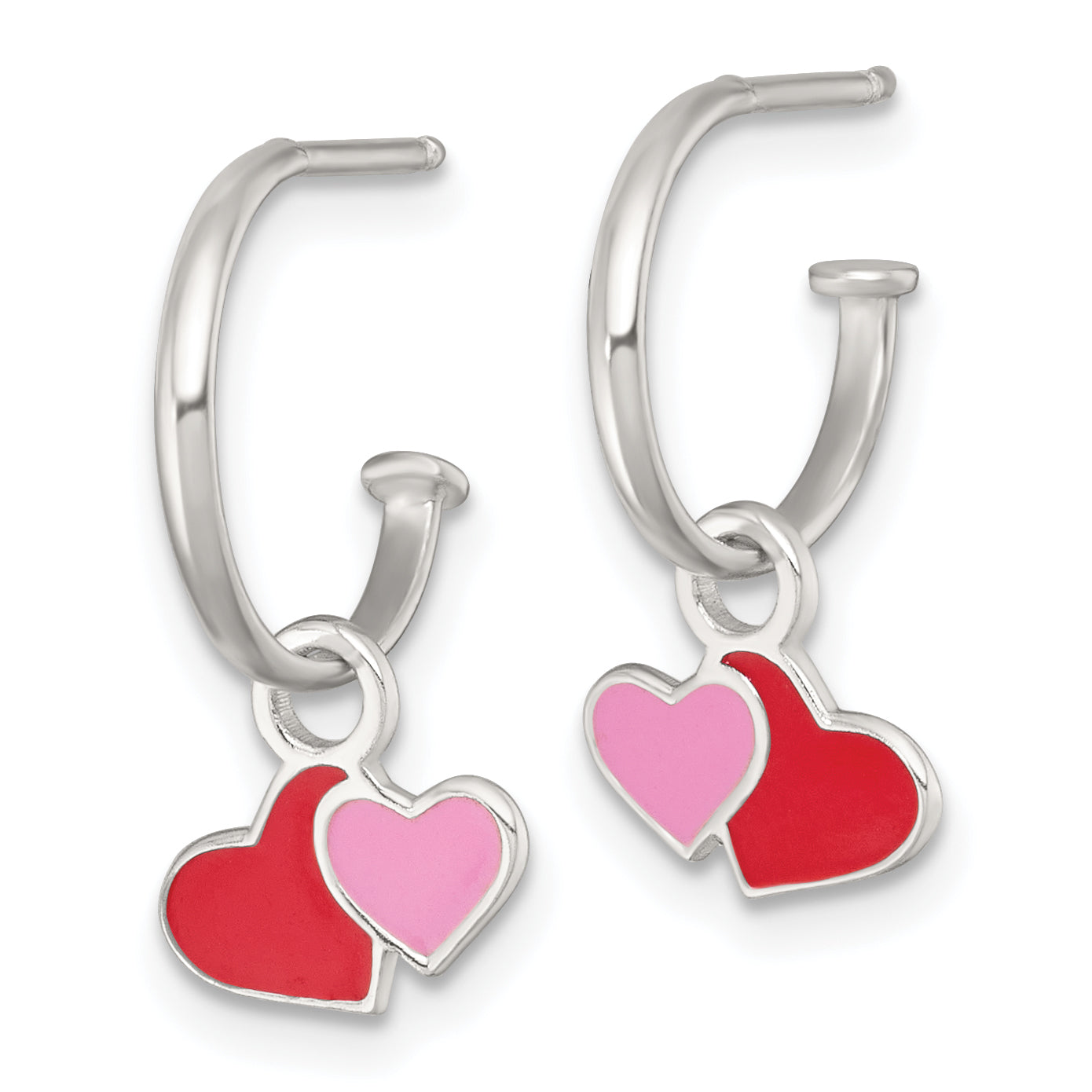 Sterling Silver Polished Red and Pink Enameled Hearts Dangle Childrens C-Hoop Post Earrings Secondary image