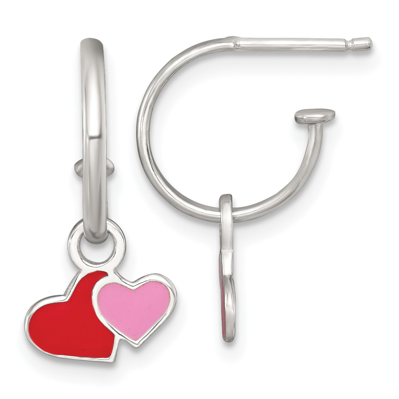 Sterling Silver Polished Red and Pink Enameled Hearts Dangle Childrens C-Hoop Post Earrings Main image