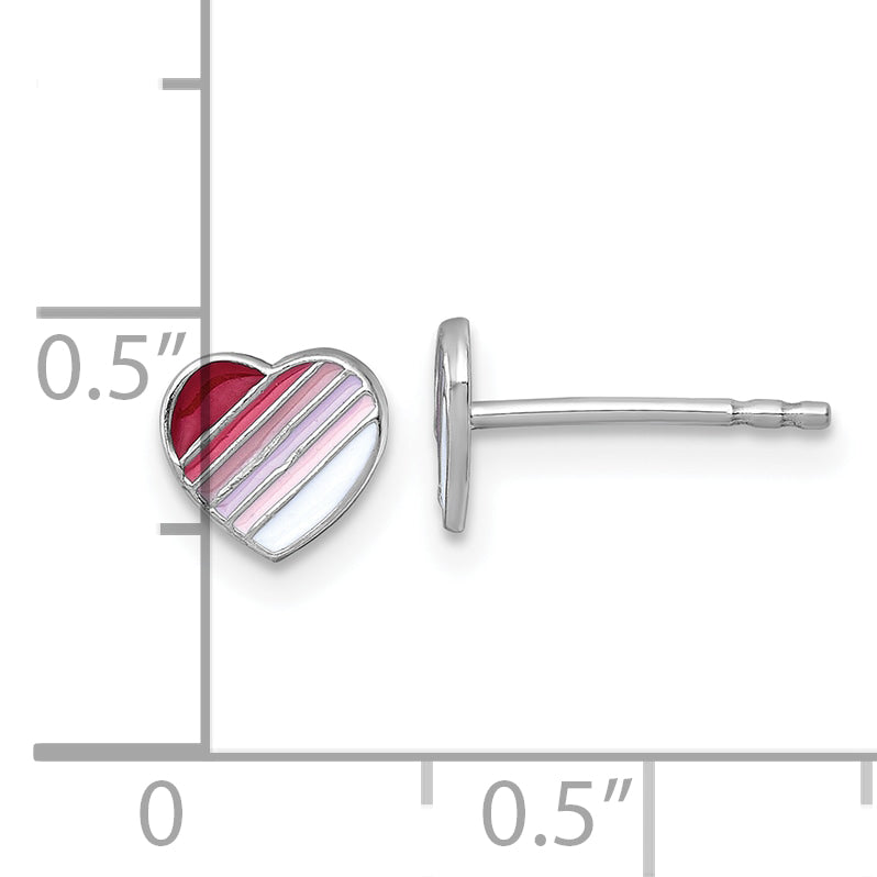 Sterling Silver Madi K Rhodium-plated Enameled Striped Heart Childrens Post Earrings