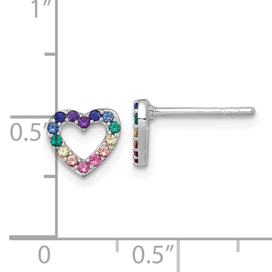 Sterling Silver Rhodium-plated Polished Rainbow Nano Crystals Open Heart Shape Childrens Post Earrings