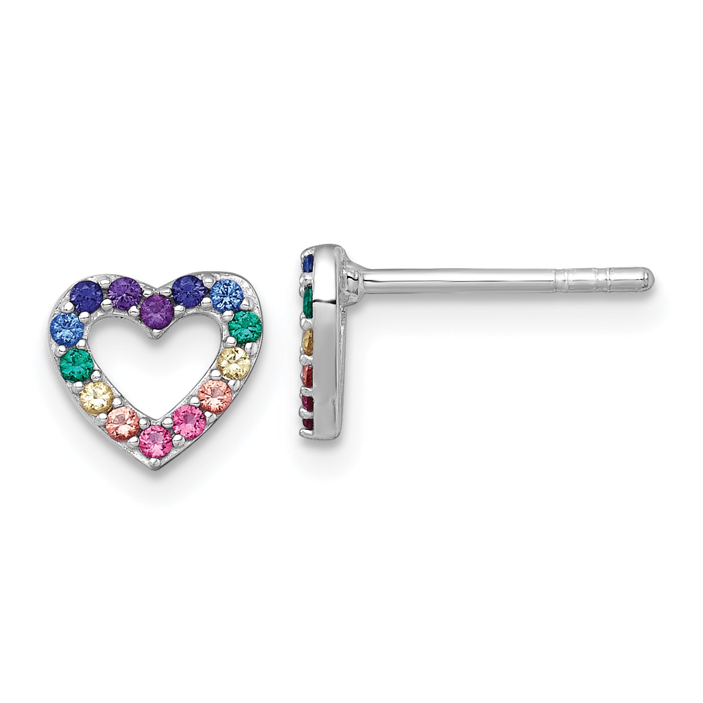 Sterling Silver Rhodium-plated Polished Rainbow Nano Crystals Open Heart Shape Childrens Post Earrings Main image
