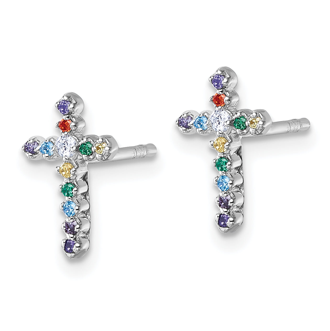 Sterling Silver Rhodium-plated Polished Multi-color CZ Cross Post Earrings Secondary image