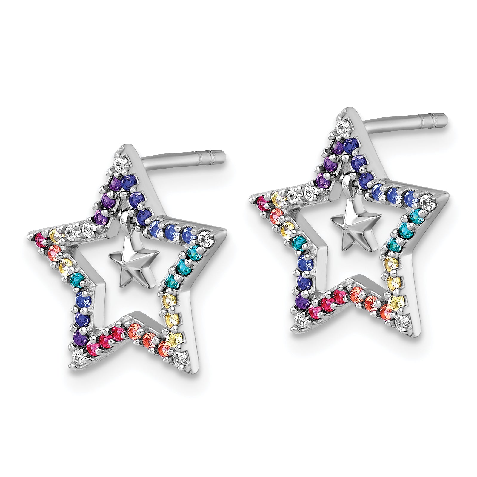 Sterling Silver Rhodium-plated Polished Rainbow Nano Crystals Star with Mini Star Dangle Childrens Post Earrings Secondary image