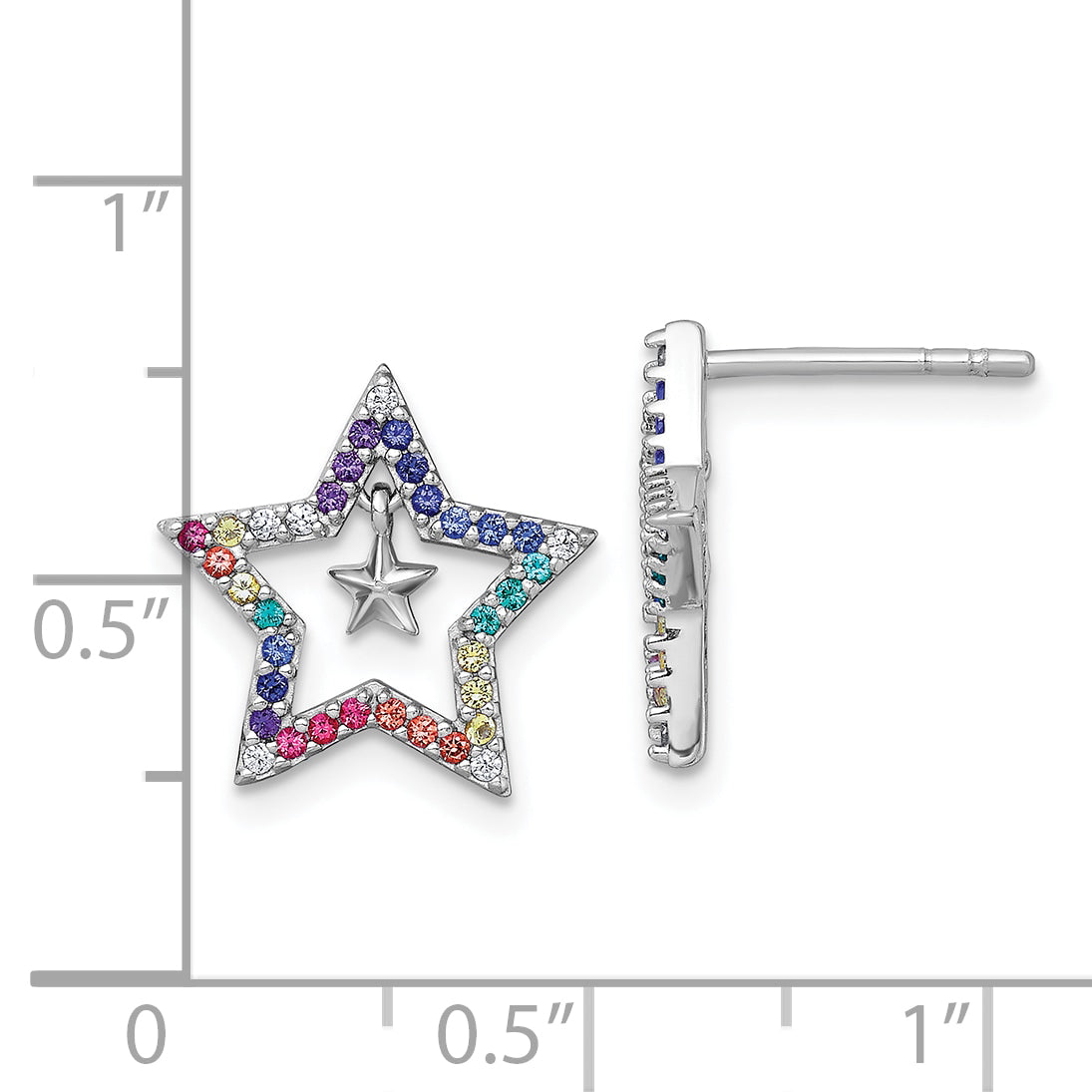 Sterling Silver Rhodium-plated Polished Rainbow Nano Crystals Star with Mini Star Dangle Childrens Post Earrings