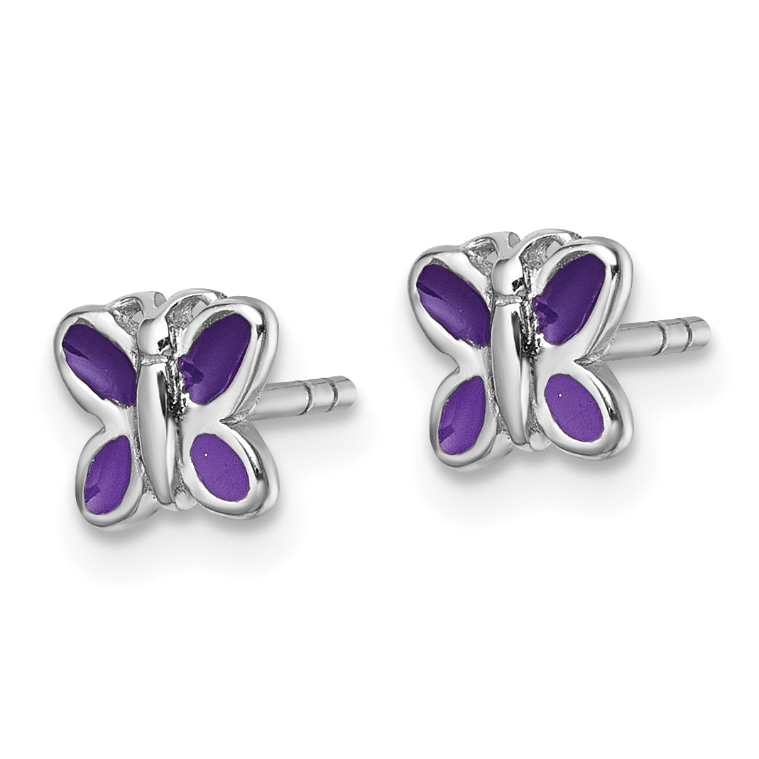Sterling Silver Rhodium-plated Children's Purple Enamel Butterfly Post Earrings