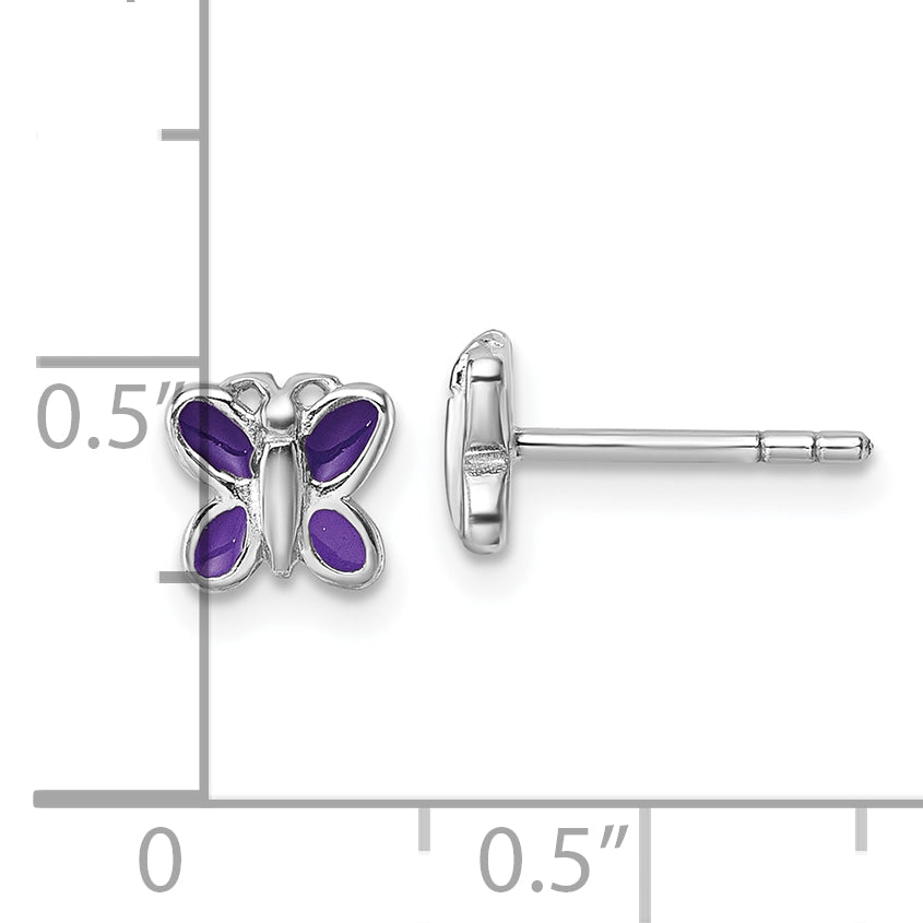 Sterling Silver Rhodium-plated Children's Purple Enamel Butterfly Post Earrings