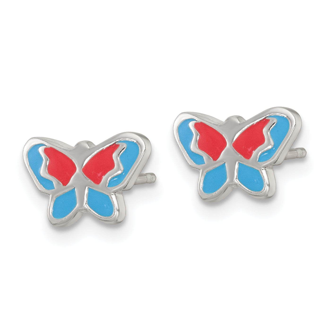 Sterling Silver Polished Orange and Blue Enameled Butterfly Childrens Post Earrings Secondary image