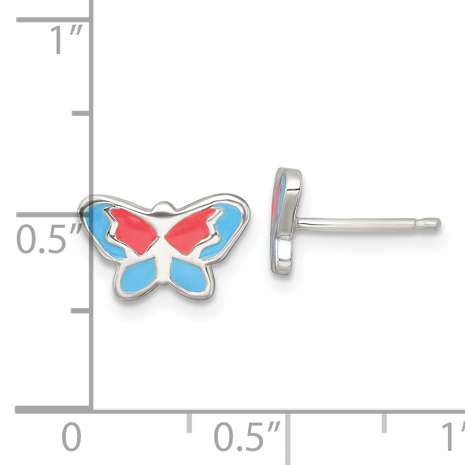 Sterling Silver Polished Orange and Blue Enameled Butterfly Childrens Post Earrings