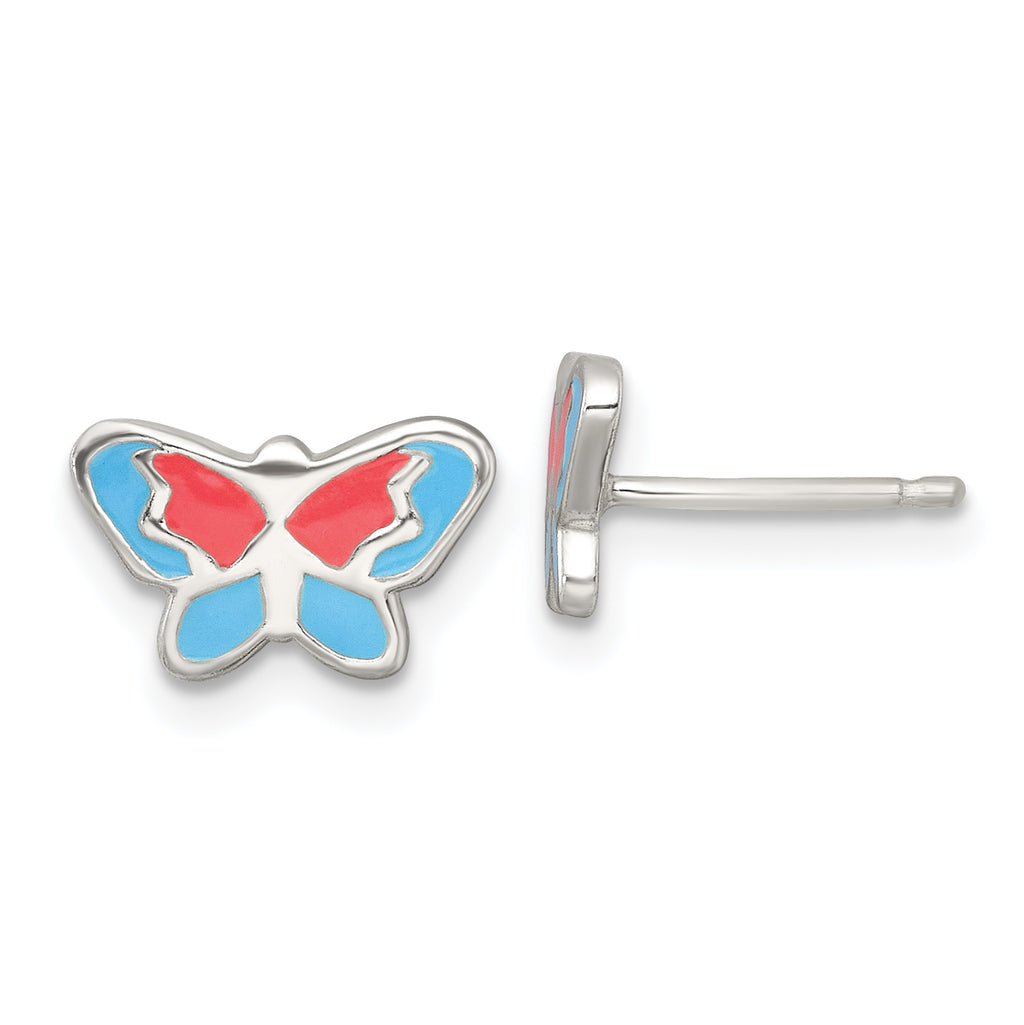 Sterling Silver Polished Orange and Blue Enameled Butterfly Childrens Post Earrings
