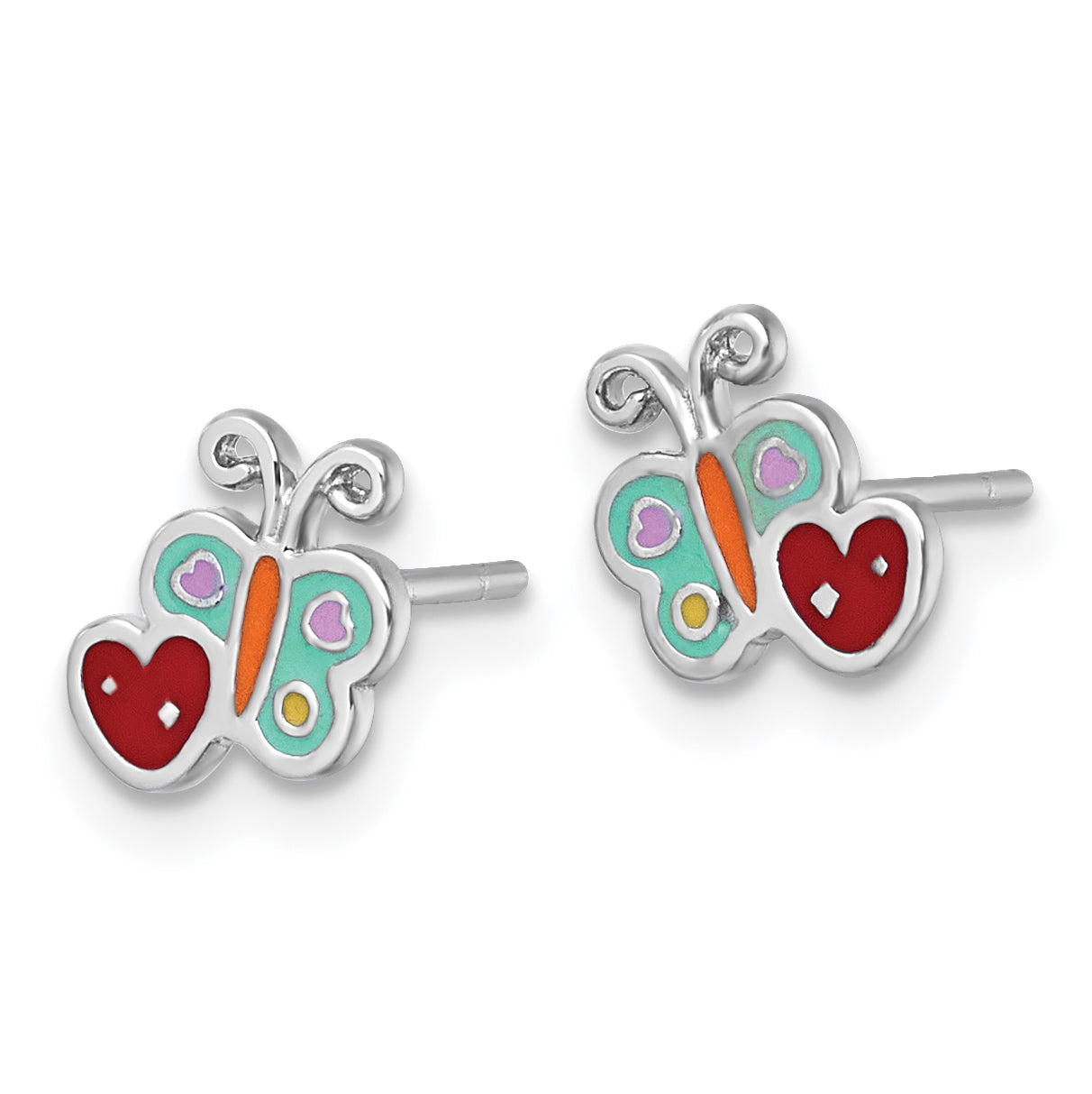 Sterling Silver Rhodium-plated Polished Green/Yellow/Orange/Red Enamel Butterfly And Heart Childrens Post Earrings Secondary image