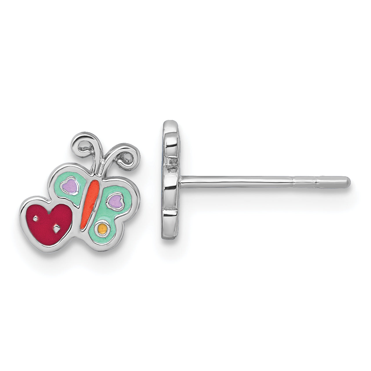 Sterling Silver Rhodium-plated Polished Green/Yellow/Orange/Red Enamel Butterfly And Heart Childrens Post Earrings Main image