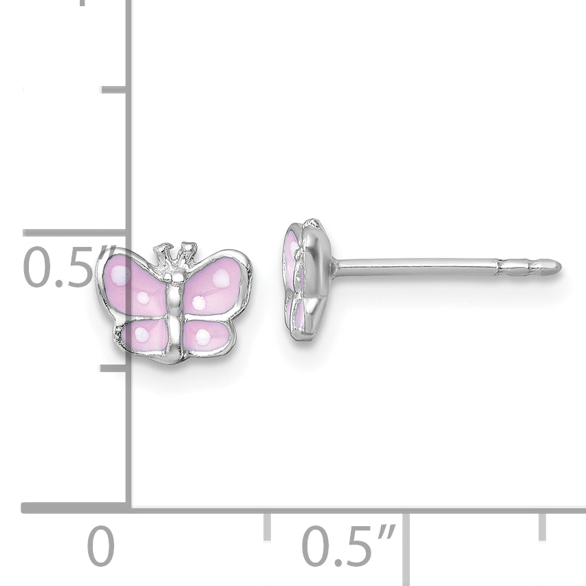 Sterling Silver Madi K Rhodium-plated Enameled Pink Butterfly Childrens Post Earrings