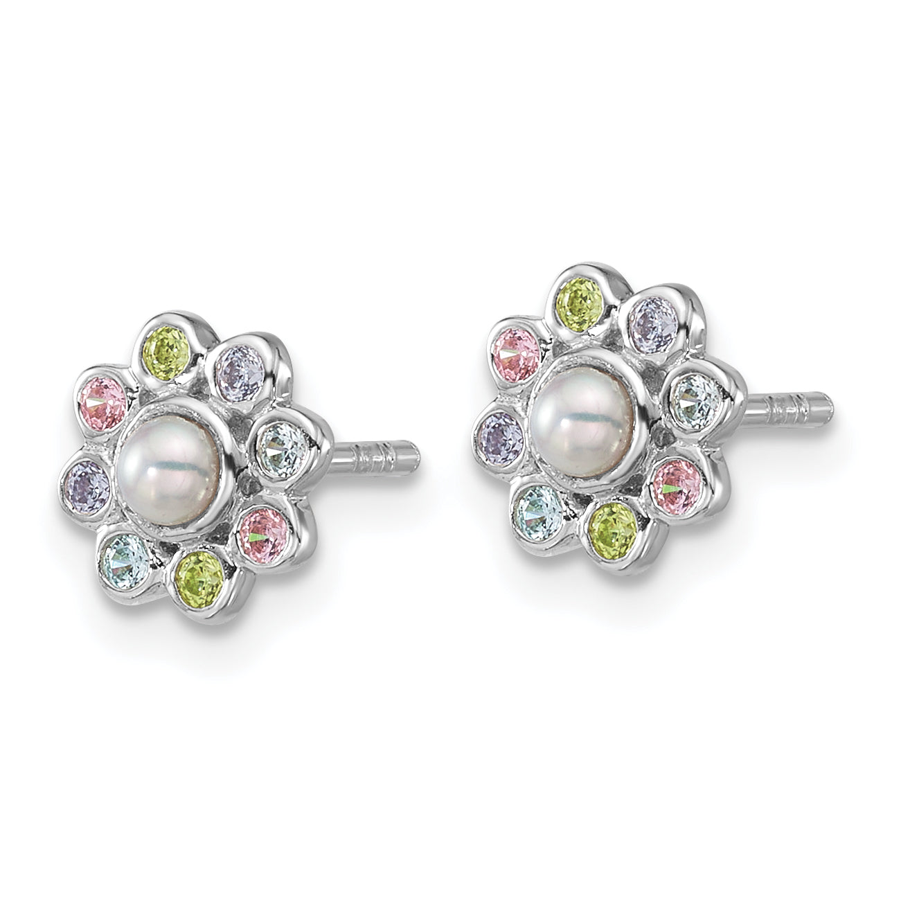 Sterling Silver Rhodium-plated Polished Green, Pink, Blue and Purple CZ and Freshwater Cultured Pearl Flower Post Earrings Secondary image