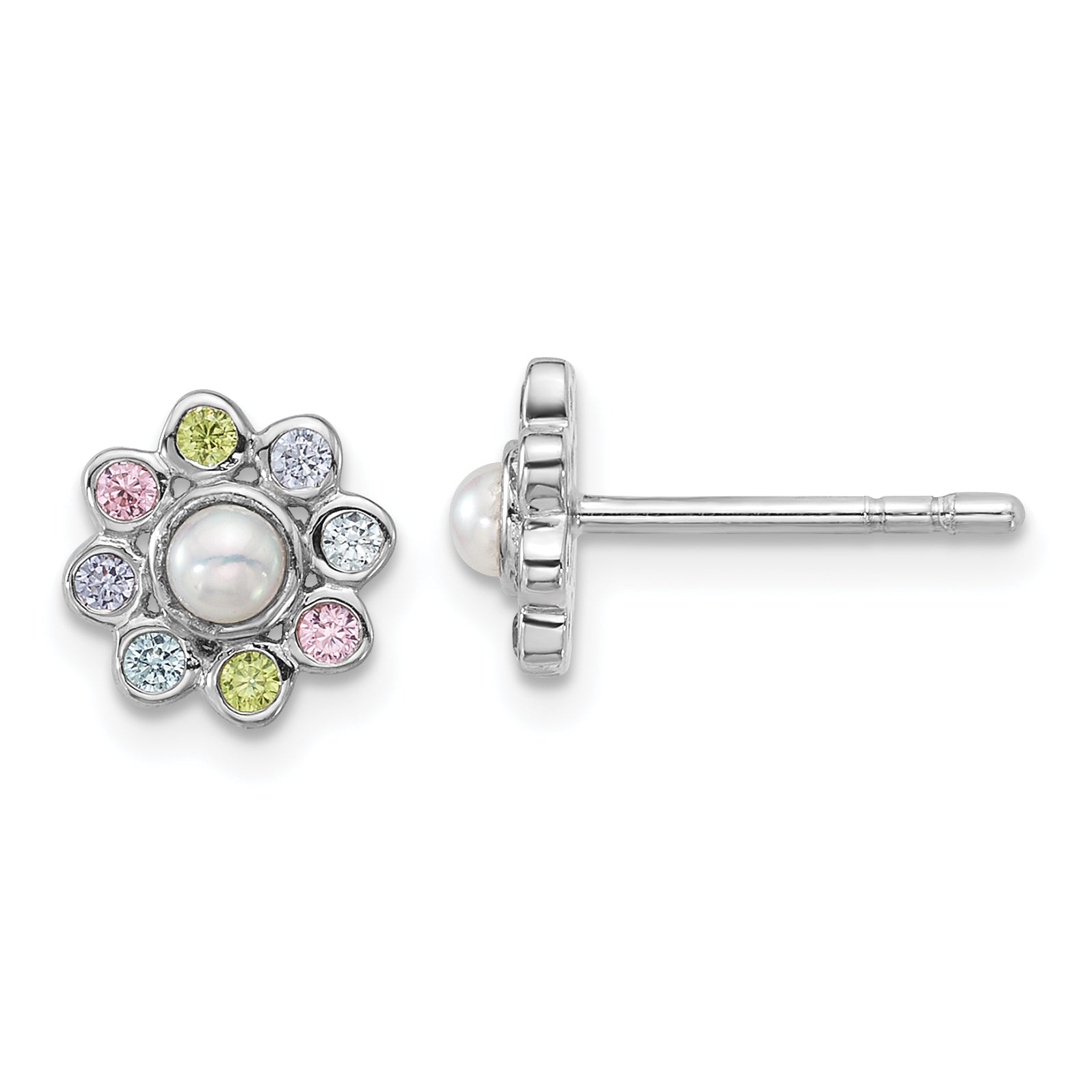 Sterling Silver Rhodium-plated Polished Green, Pink, Blue and Purple CZ and Freshwater Cultured Pearl Flower Post Earrings Main image