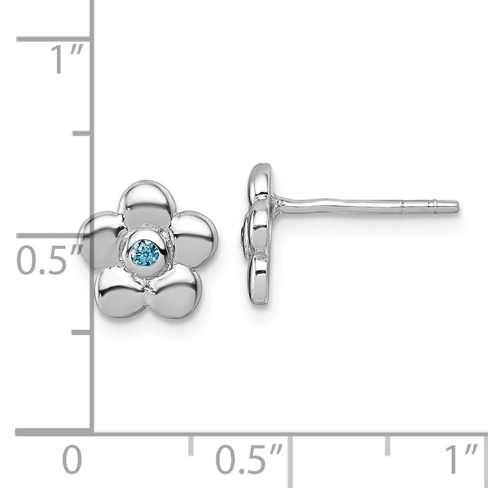 Sterling Silver Rhodium-plated Polished Blue CZ Flower Post Earrings