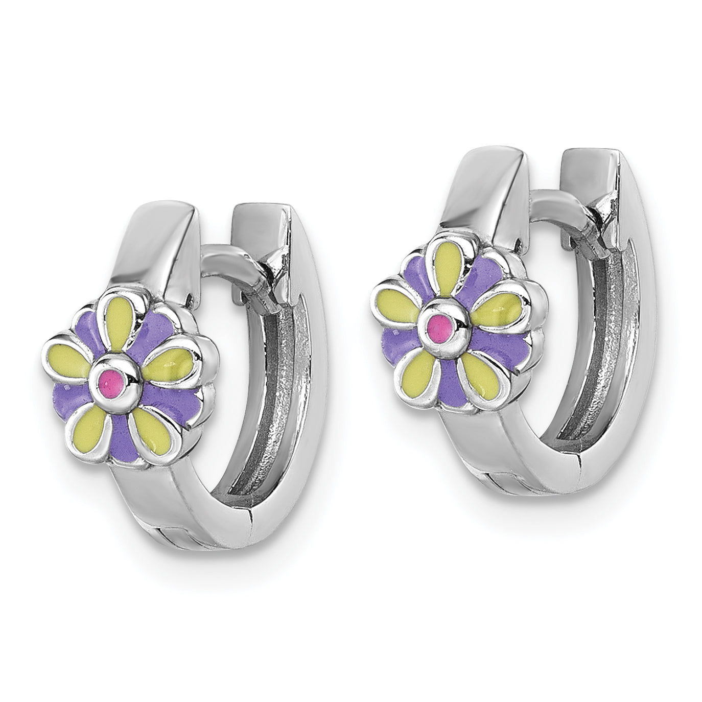 Sterling Silver Rhodium-plated Children's Purple, Yellow and Pink Enamel Flower Hinged Hoop Earrings Secondary image