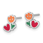 Sterling Silver Rhodium-plated Polished Orange/Red/Green Enamel Flower With Heart Childrens Post Earrings