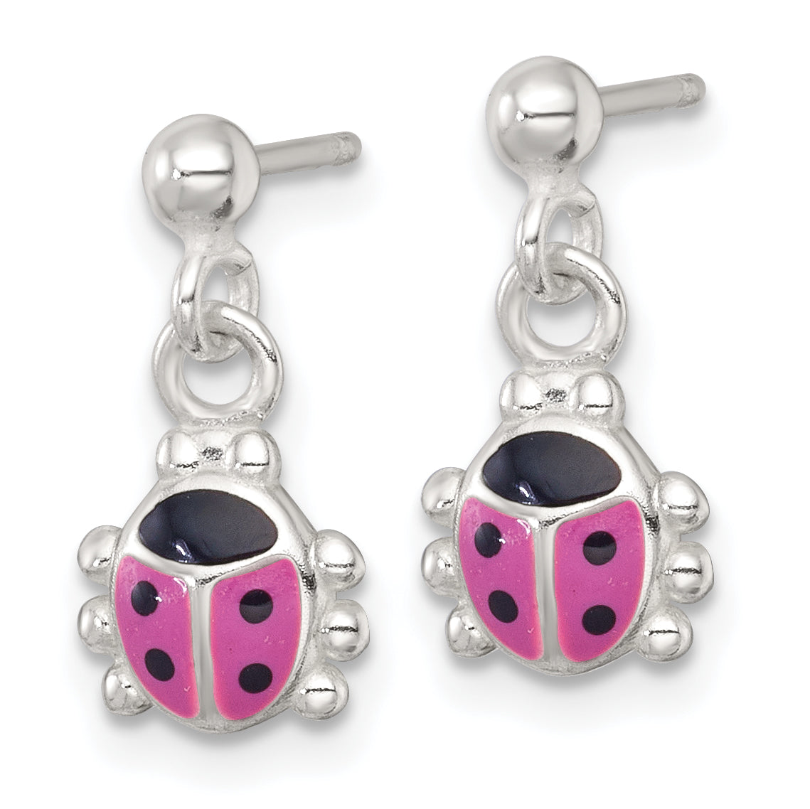 Sterling Silver Polished Pink and Black Enameled Ladybug Dangle Childrens Post Earrings Secondary image