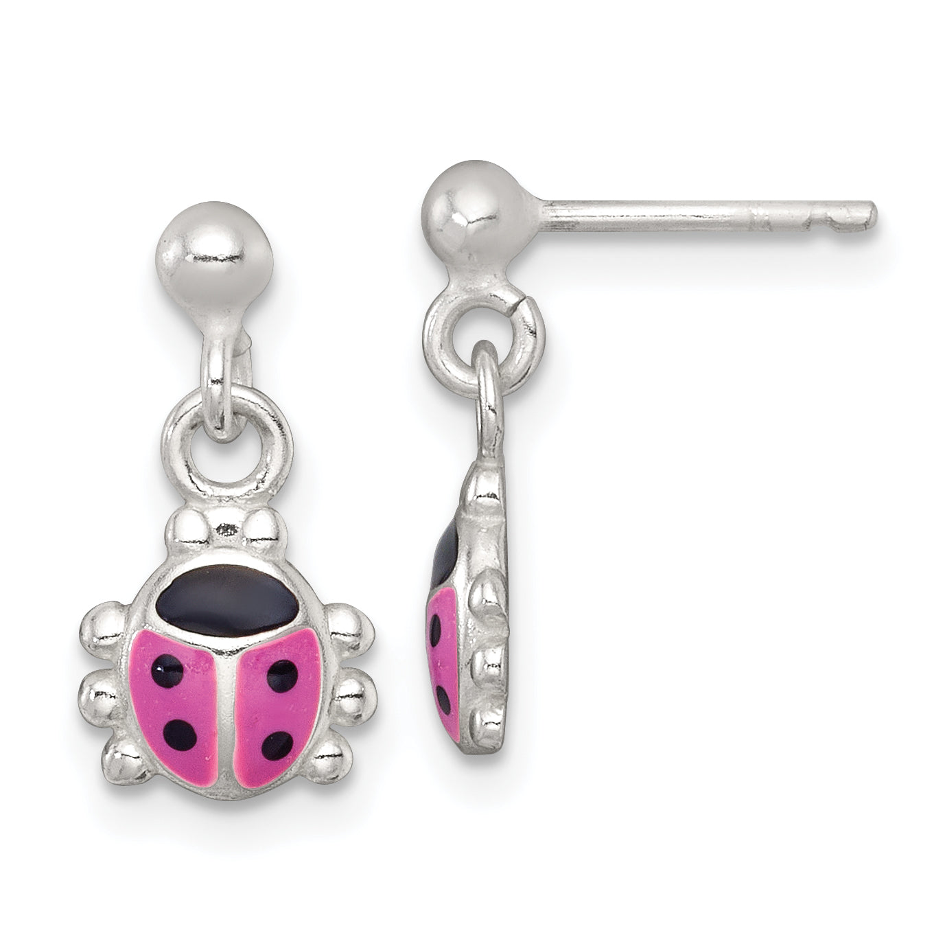Sterling Silver Polished Pink and Black Enameled Ladybug Dangle Childrens Post Earrings Main image