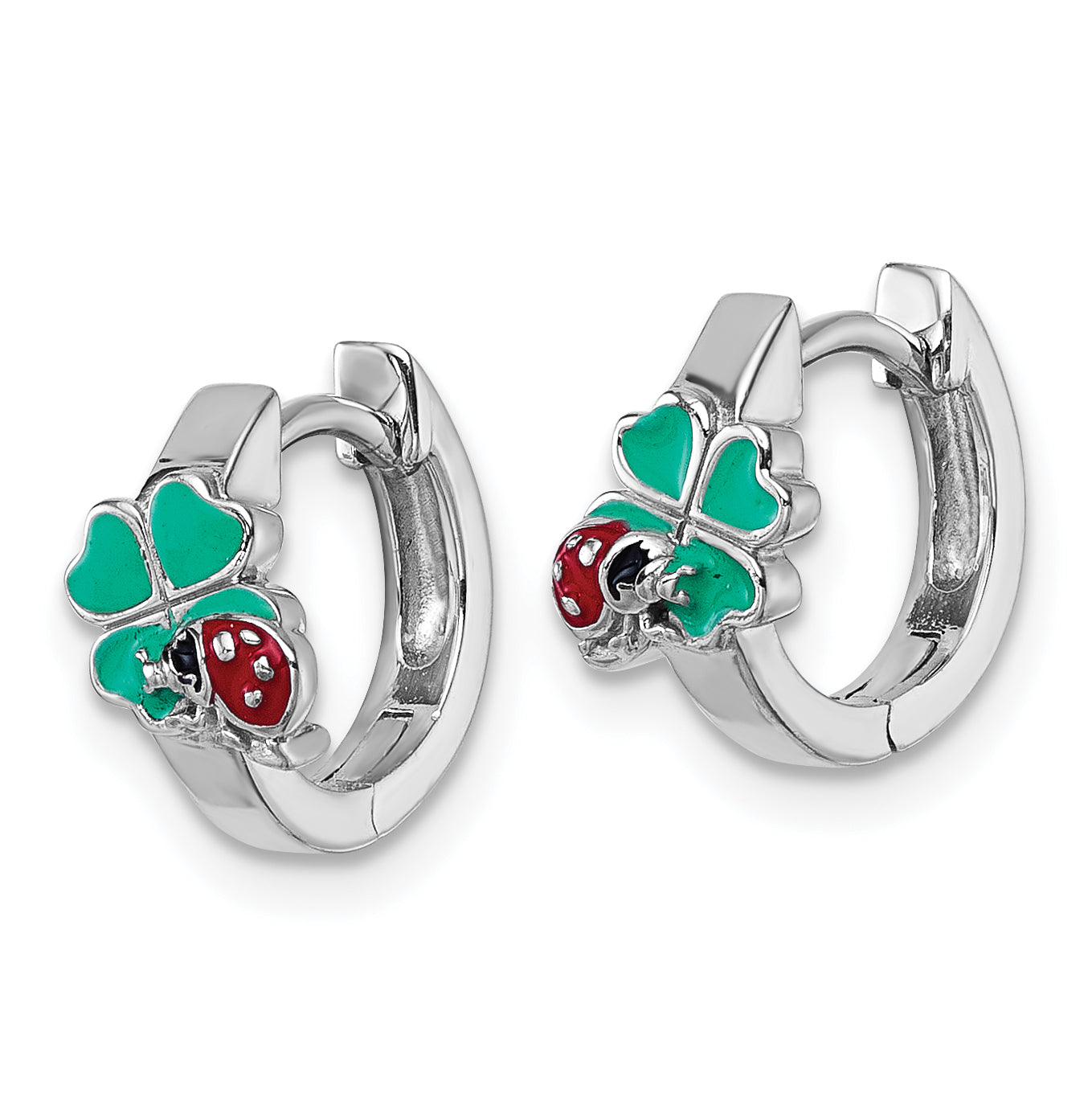 Sterling Silver Rhodium-plated Children's Green, Red and Black Enamel Ladybug 4-Leaf Clover Hinged Hoop Earrings