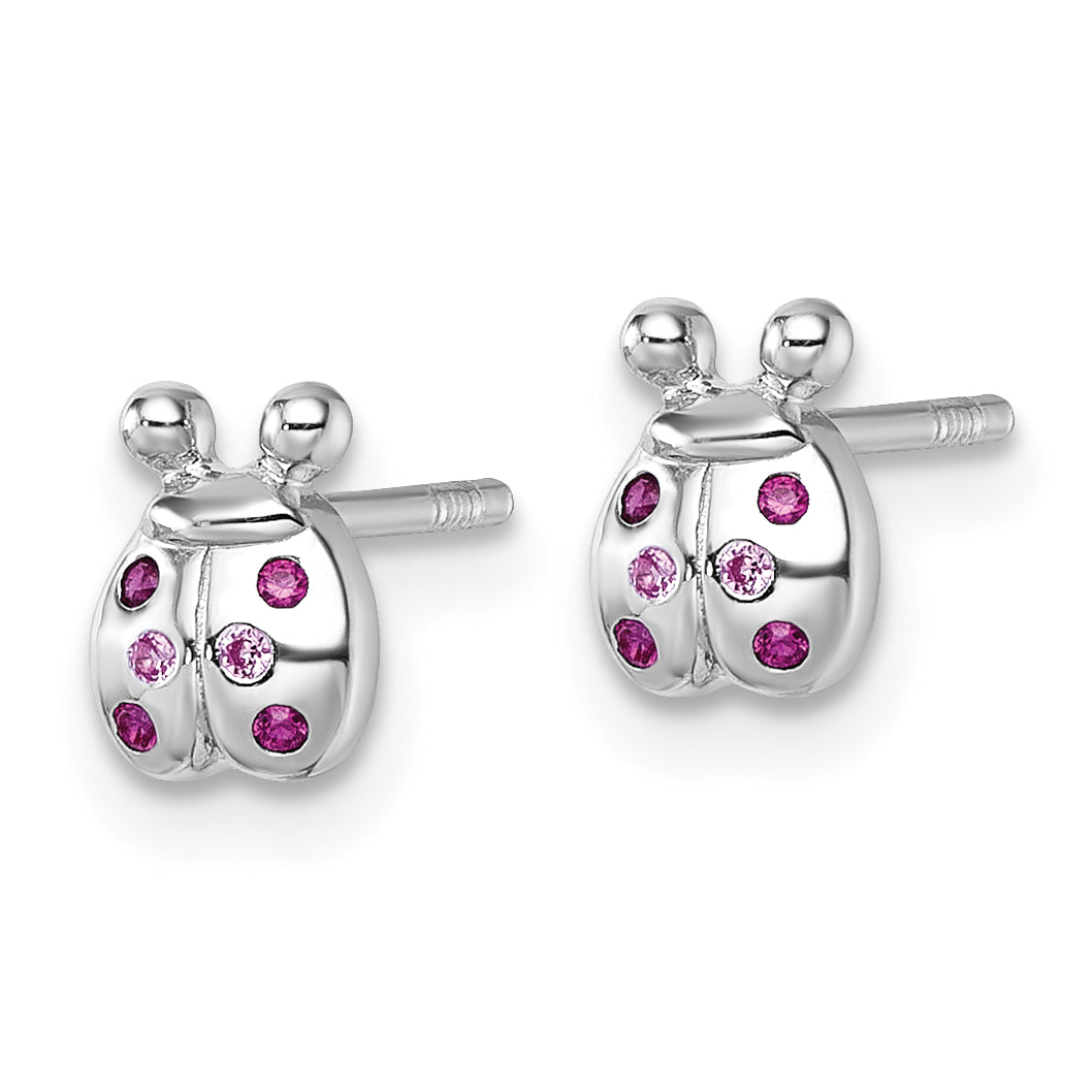 Sterling Silver Rhodium-plated Polished Pink And Red CZ Lady Bug Post Earrings Secondary image