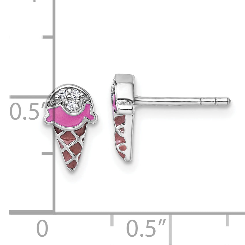 Sterling Silver Rhodium-plated Children's Pink and Brown Enamel with CZ Ice Cream Cone Post Earrings