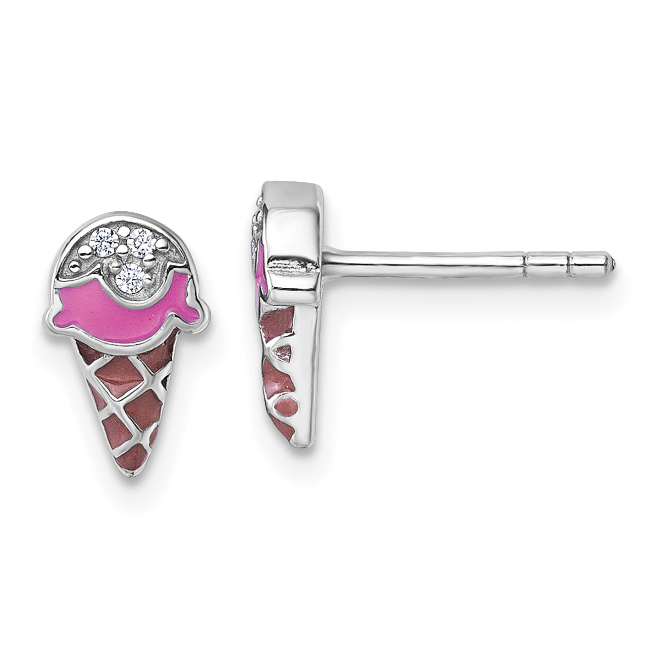 Sterling Silver Rhodium-plated Children's Pink and Brown Enamel with CZ Ice Cream Cone Post Earrings Main image