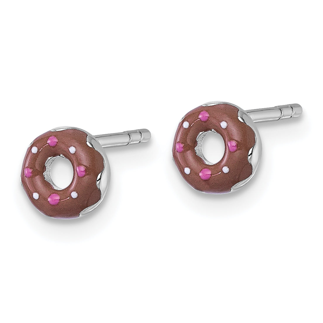 Sterling Silver Rhodium-plated Children's Brown with Pink and White Enamel Sprinkled Donut Post Earrings Secondary image
