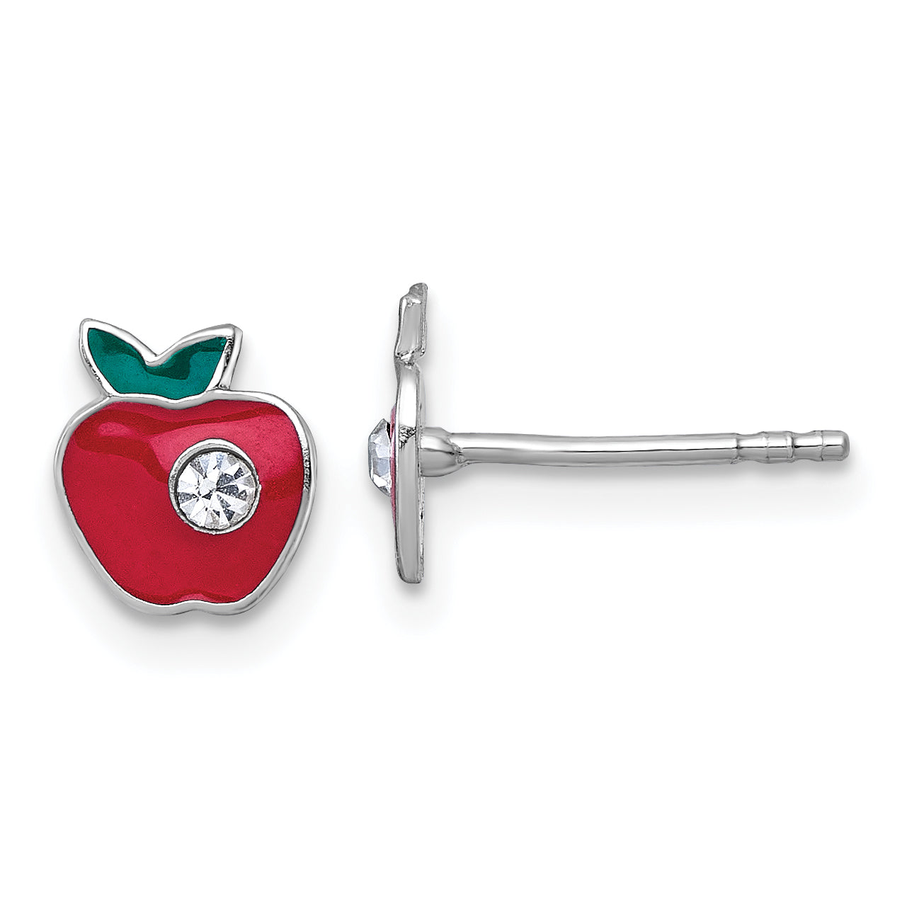 Sterling Silver Madi K Rhodium-plated Enameled Red Apple with Crystal Childrens Post Earrings Main image