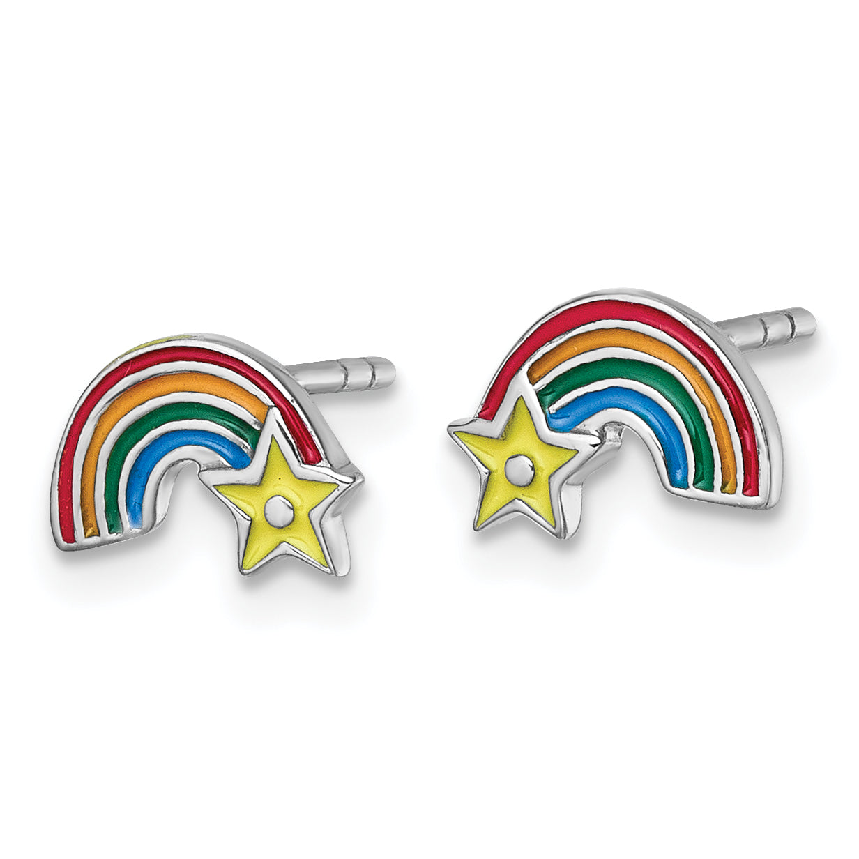 Sterling Silver Rhodium-plated Children's Multicolor Enamel Rainbow with Star Post Earrings Secondary image