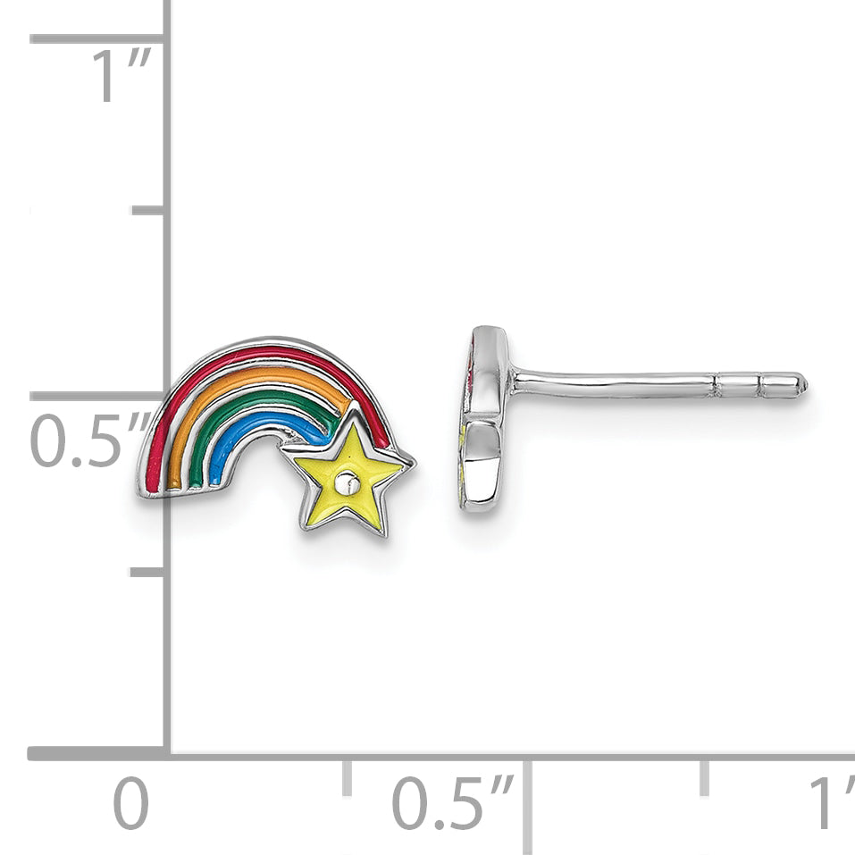 Sterling Silver Rhodium-plated Children's Multicolor Enamel Rainbow with Star Post Earrings