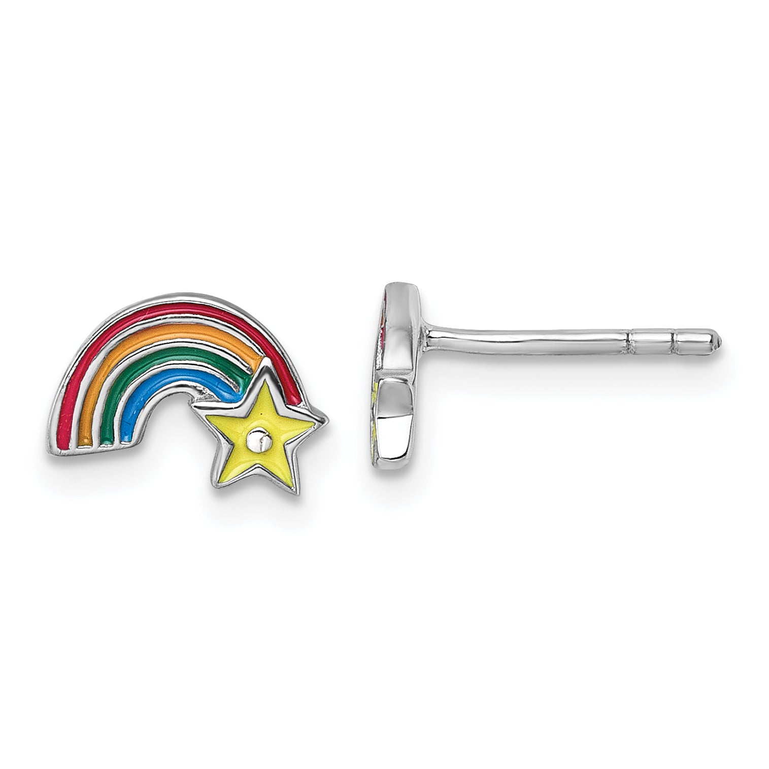 Sterling Silver Rhodium-plated Children's Multicolor Enamel Rainbow with Star Post Earrings Main image